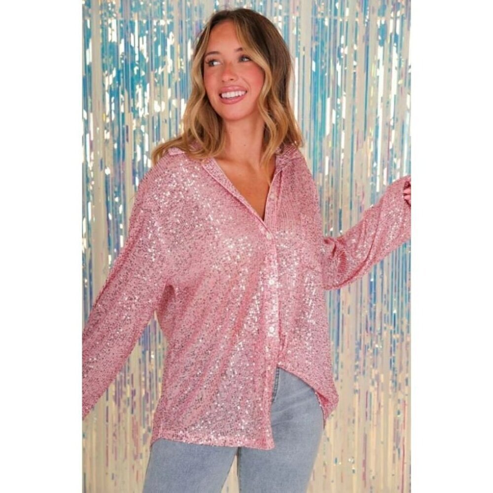 Life's a Party Sequin Button-Up Shirt in Rose Pink - Picture 3 of 12
